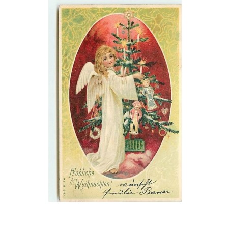 n°10479 - Carte Fantaisie - Fröhliche Weihnachten - Ange décorant un sapin