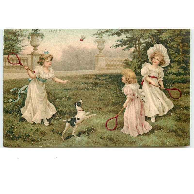 n°14898 - Jeunes filles jouant au badminton avec un chien