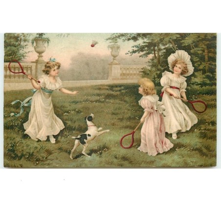 n°14898 - Jeunes filles jouant au badminton avec un chien