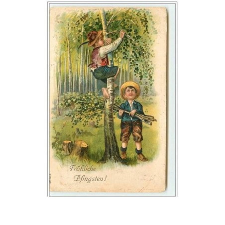 n°1048 - Carte Gaufrée - Fröhliche Pfingsten - Enfant coupant les branches d'un arbre