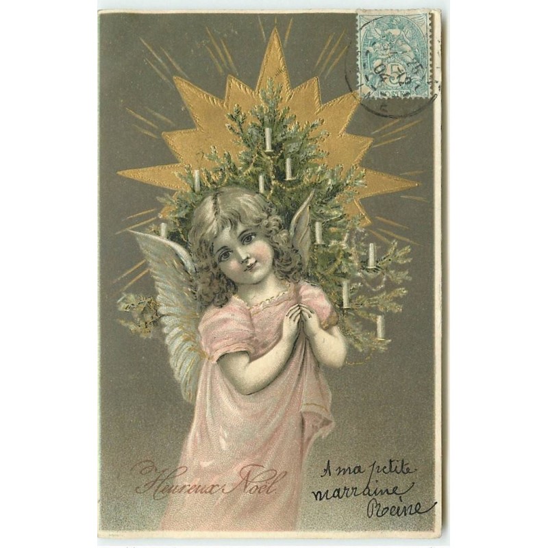 n°14937 - Carte Gaufrée - Heureux Noël - Ange avec un sapin
