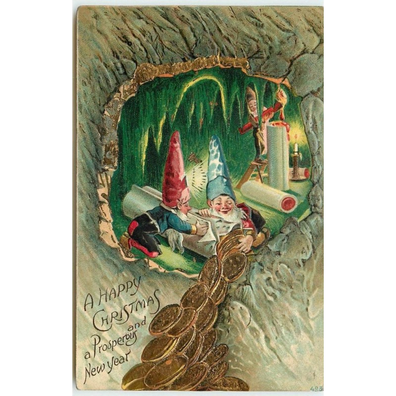 n°14942 - Carte Gaufrée - A Happy Christmas and a Prosperous New Year - Lutins avec des pièces d'or