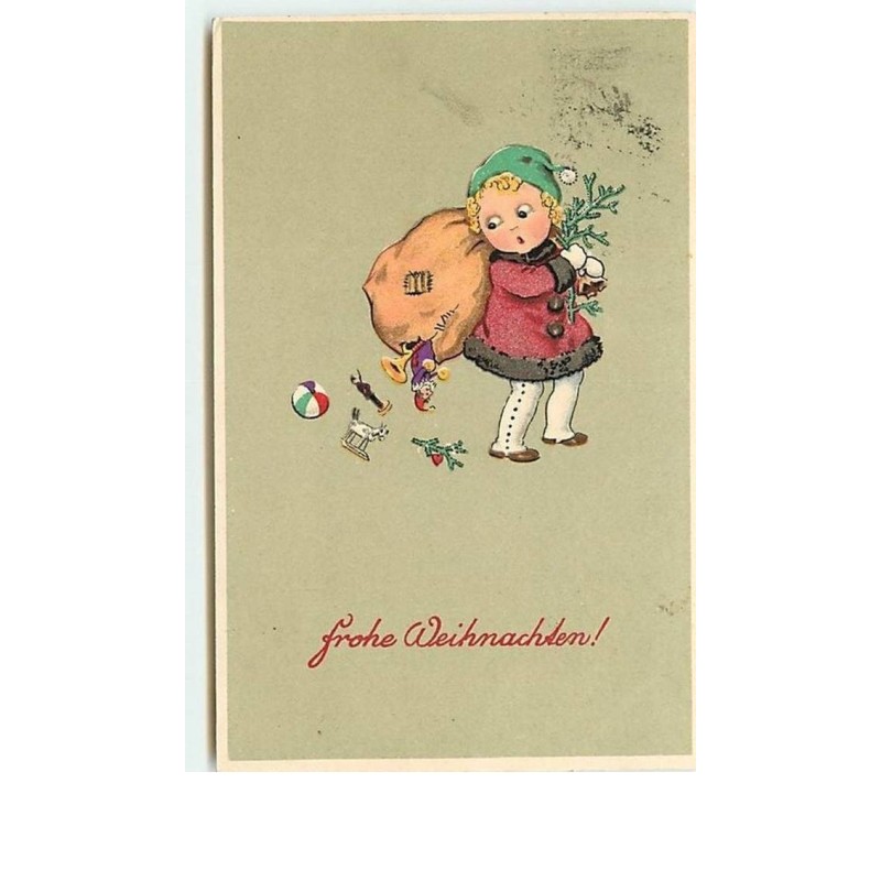 n°10480 - Carte Fantaisie - Fröhe Weihnachten - Enfant avec un sac de jouets percé