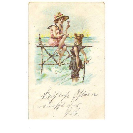 n°14964 - Baigneuses buvant au bord de la mer - Carte avec paillettes
