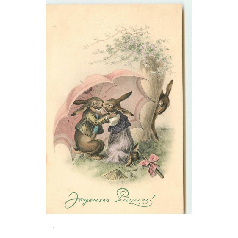 n°14972 - MM Vienne n°506 - Joyeuses Pâques - Lièvres habillés s'embrassant sous un parapluie