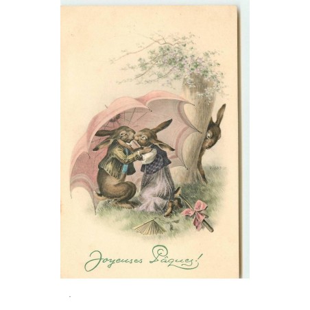 n°14972 - MM Vienne n°506 - Joyeuses Pâques - Lièvres habillés s'embrassant sous un parapluie