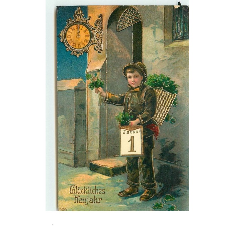 n°14981 - Carte Fantaisie - Glückliches Neujahr - Garçon portant une hotte remplie de trèfles