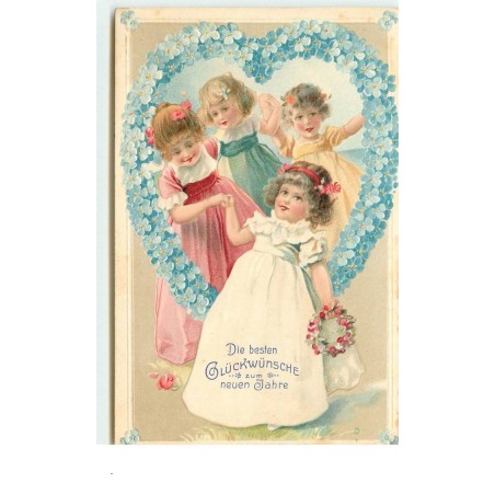 n°14983 - Carte Gaufrée - Dies besten Glückwünsche zum neuen Jahre - Fillettes dansant sous un coeur en myosotis
