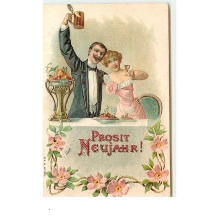 n°14985 - Carte Gaufrée - Prosit Neujahr - Couple trinquant