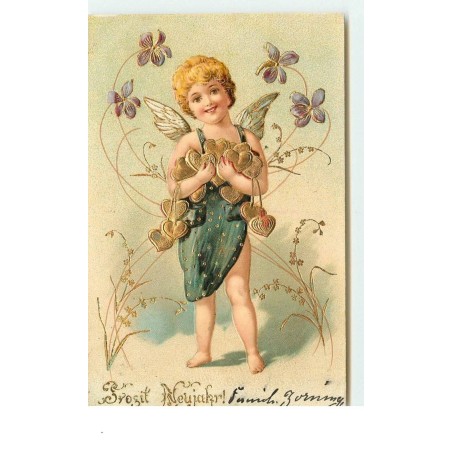 n°14986 - Carte Gaufrée - Prosit Neujahr - Ange portant des coeurs