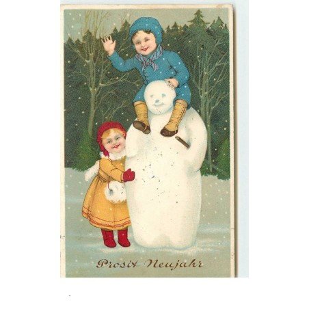 n°14990 - Prosit Neujahr - Flatscher - Enfants autour d'un bonhomme de neige