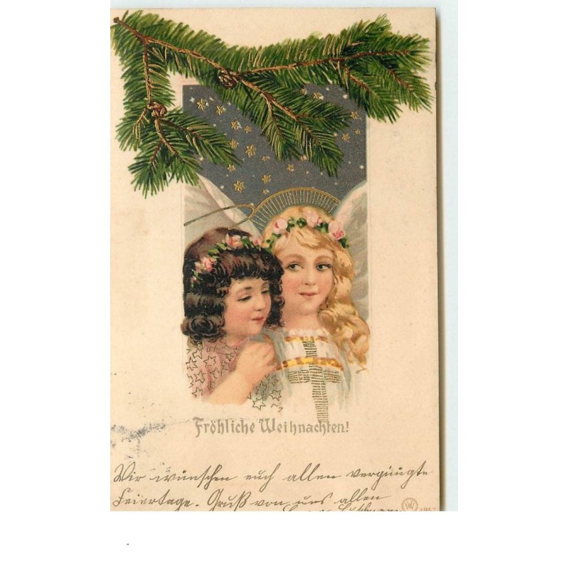n°14998 - Carte Gaufrée - Fröhliche Weihnachten - Portraits d'une fillette et d'un Ange