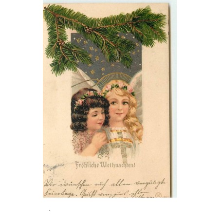 n°14998 - Carte Gaufrée - Fröhliche Weihnachten - Portraits d'une fillette et d'un Ange