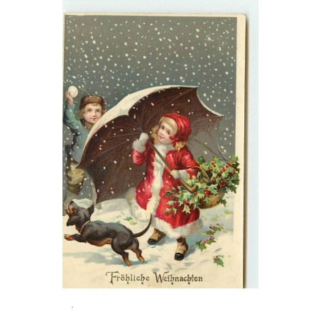 n°14999 - Fröhliche Weihnachten - Enfants sous la neige, la fillette se protégeant sous un parapluie, et un teckel