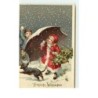 n°14999 - Fröhliche Weihnachten - Enfants sous la neige, la fillette se protégeant sous un parapluie, et un teckel