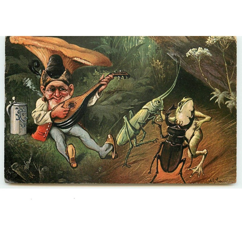 n°15004 - Lutin, gnome jouant de la musique, et des insectes dansant - grenouille