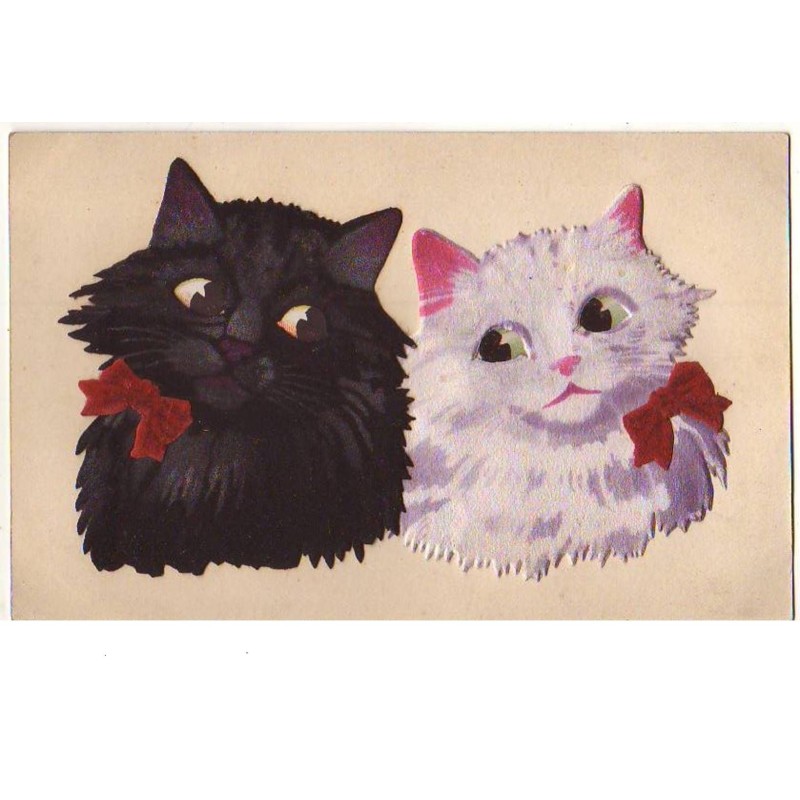 n°15010 - Carte en Relief - Deux chats, un noir et un blanc avec des noeuds en velours