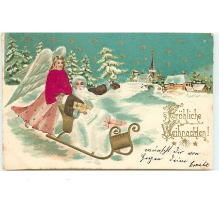 n°15029 - Carte Gaufrée - Fröhliche Weihnachten - Ange et Père Noël dans un traîneau