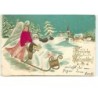 n°15029 - Carte Gaufrée - Fröhliche Weihnachten - Ange et Père Noël dans un traîneau