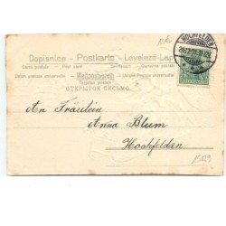 n°15029 - Carte Gaufrée - Fröhliche Weihnachten - Ange et Père Noël dans un traîneau