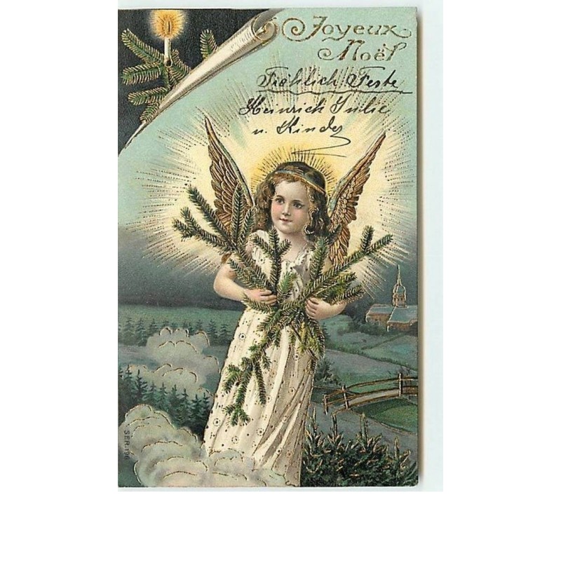 n°10484 - Carte Fantaisie Gaufrée - Joyeux Noël - Ange avec des branches de sapin