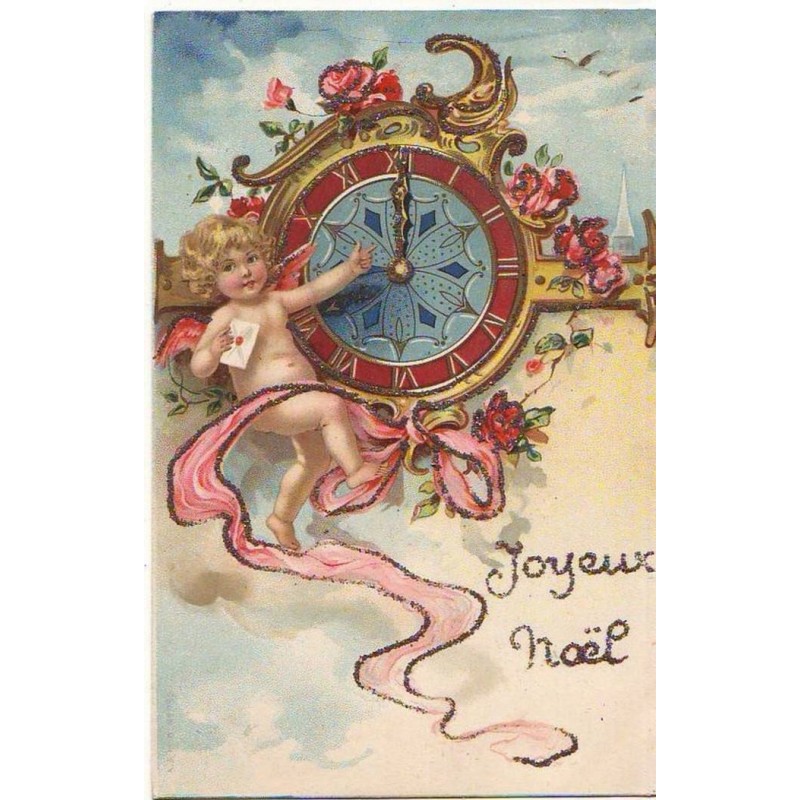n°15035 - Carte à paillettes - Joyeux Noël - Ange montrant une pendule