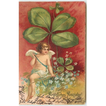 n°15041 - Carte Gaufrée - Clapsaddle - Fröhliches Neujahr - Cupidon sous un trèfle