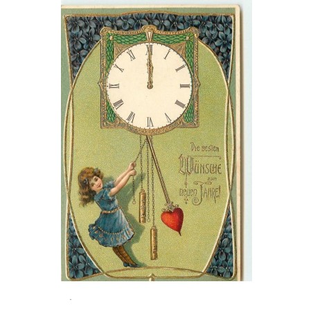 n°15048 - Carte Gaufrée - Die Besten Wünsche zum Neuen Jahre - Fillette jouant avec le balancier d'une pendule