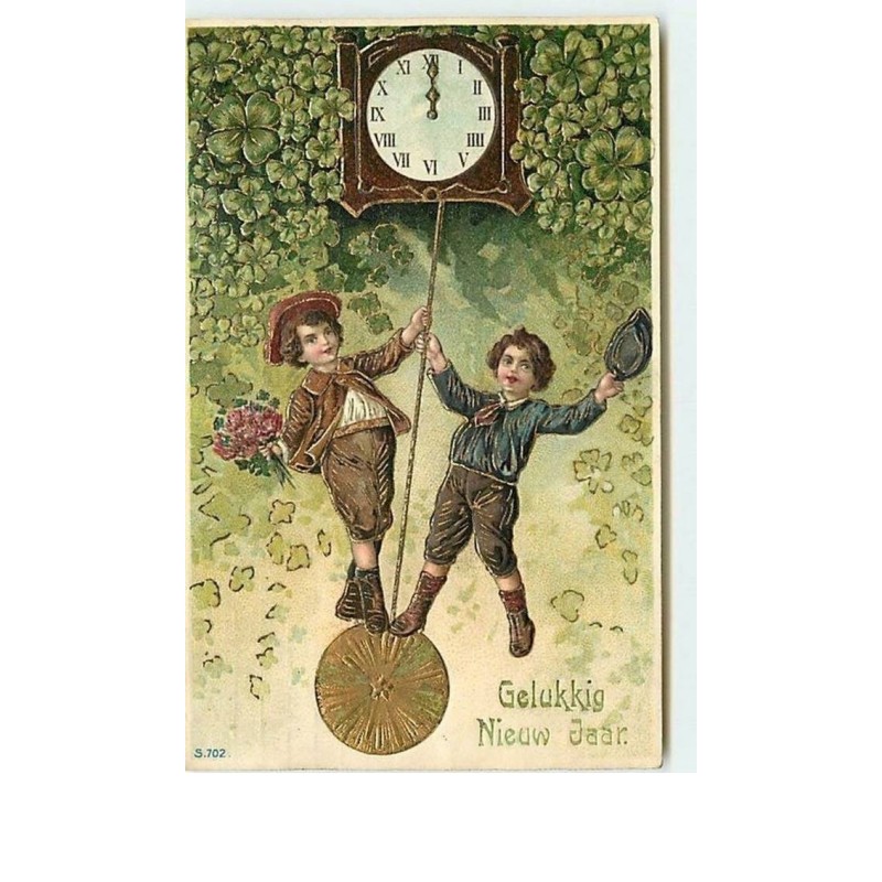n°10494 - Carte Fantaisie Gaufrée - Gelukkig Nieuw Jaar - Enfants sur le Balancier d'une Horloge