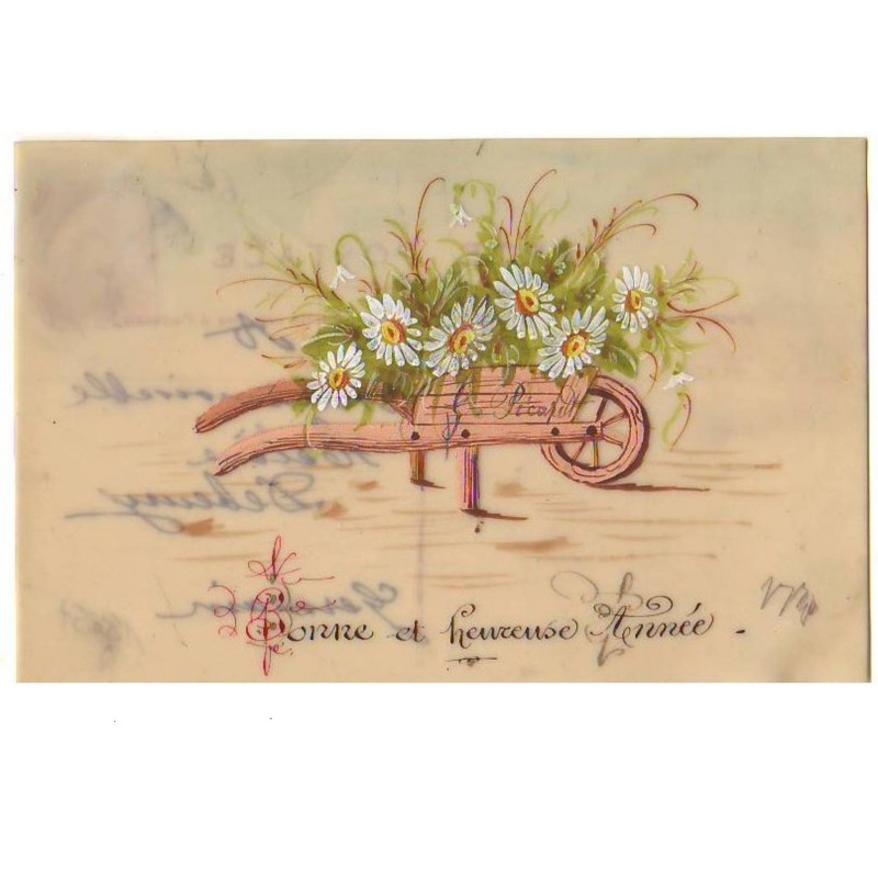 n°15057 - Carte Celluloïd - Bonne et Heureuse Année - Brouette remplie de fleurs