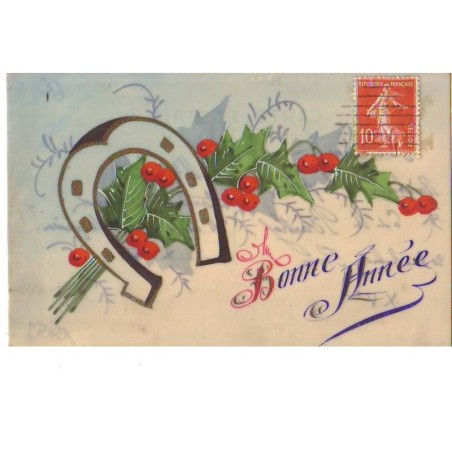 n°15059 - Carte Celluloïd - Bonne Année - Fer à Cheval et houx