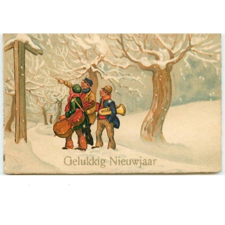 n°15070 - Gelukkig Nieuwjaar - Musicien marchant sous la neige