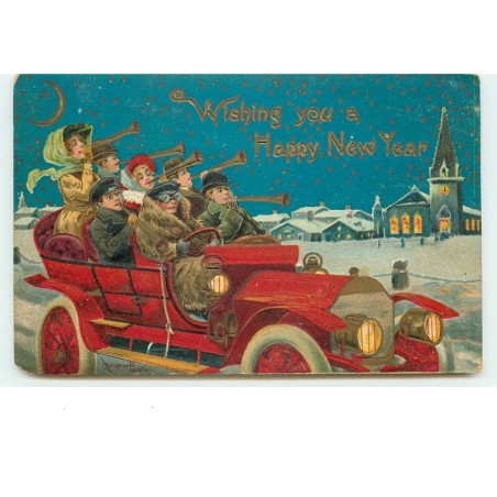 n°15073 - Carte Gaufrée - Wishing you a Happy New Year - Hommes et Femmes dans une voiture sous la neige