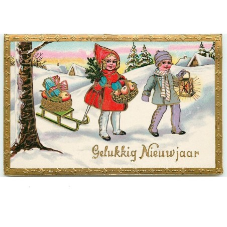 n°15077 - Carte Gaufrée - Gelukkig NieuwJaar - Enfants tirant une luge remplie de cadeaux