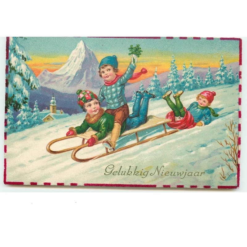 n°15079 - Gelukkig NieuwJaar - Enfants jouant avec une luge