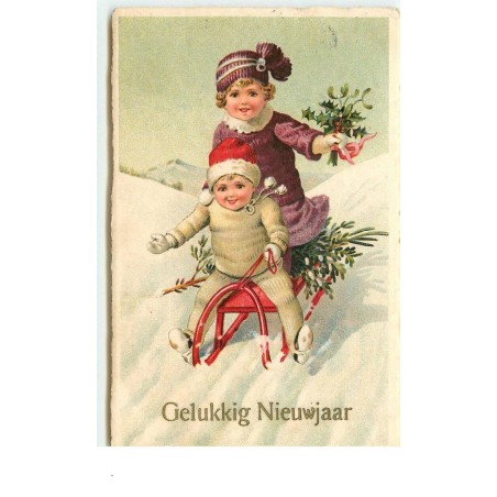 n°15082 - Gelukkig NieuwJaar - Deux enfants sur une luge rouge
