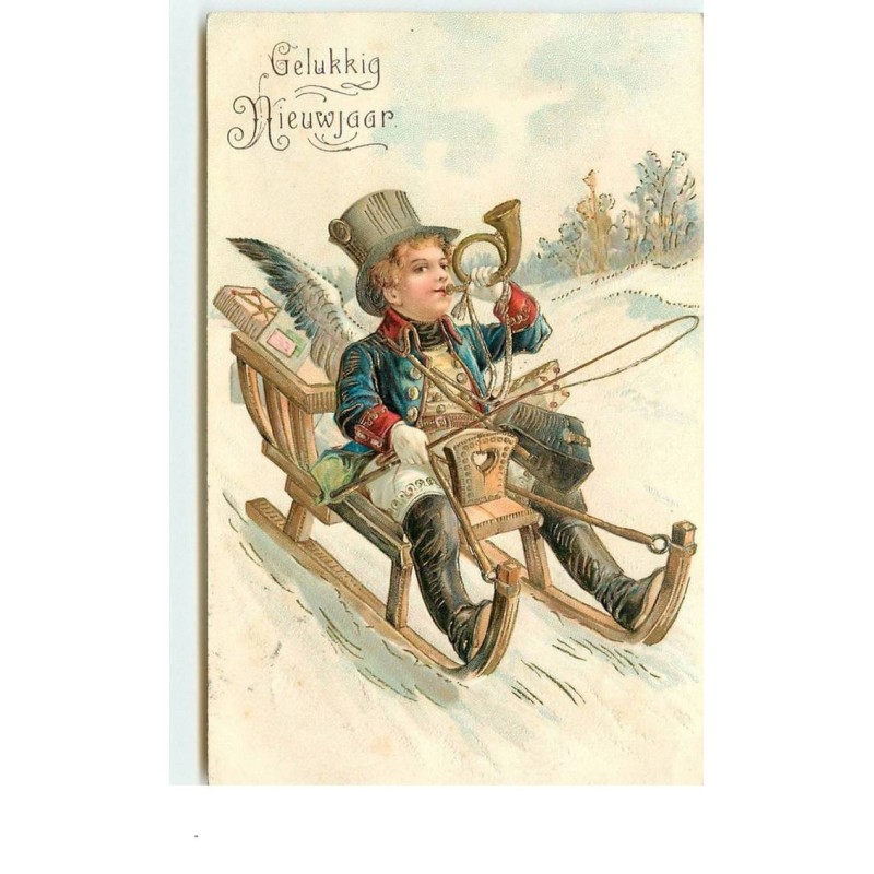 n°15085 - Carte Gaufrée - Gelukkig Nieuwjaar - Ange sur une luge apportant des cadeaux