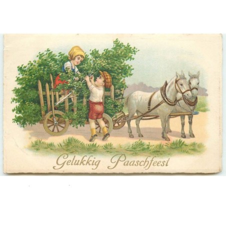 n°15087 - Gelukkig Paaschfeest - Garçon et fillette remplissant une charette avec des branches