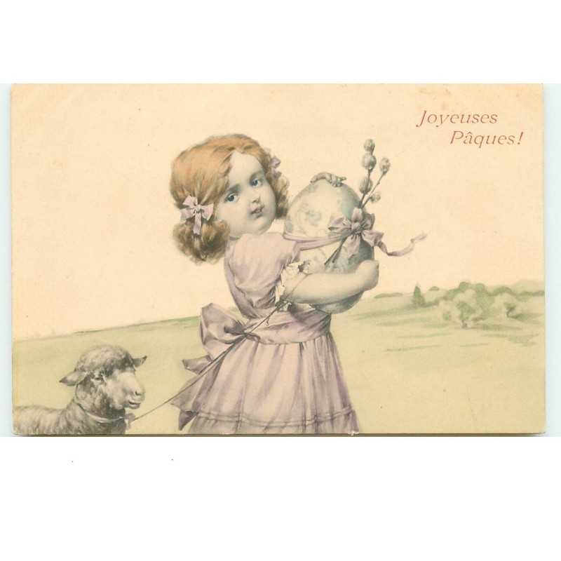n°15092 - MM Vienne n°136 - Joyeuses Pâques - Fillette tenant un mouton en laisse et portant un oeuf