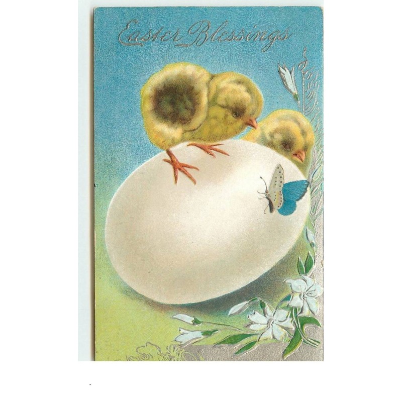 n°15093 - Carte Gaufrée - Easter Blessings - Poussins sur un oeuf regardant un papillon