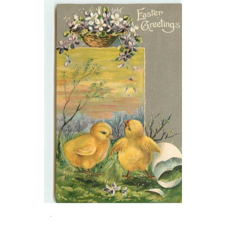 n°15094 - Carte Gaufrée - Easter Greetings - Poussins et panier rempli de fleurs