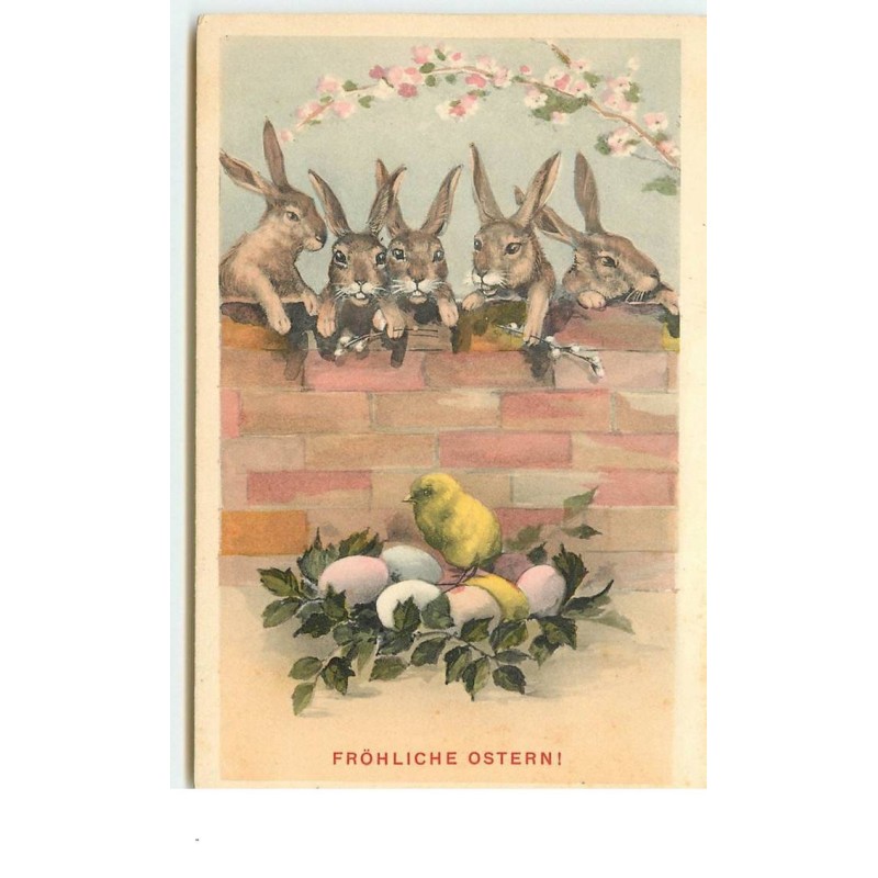 n°15097 - Fröhliche Ostern - Lièvres regardant un poussin sur des oeufs