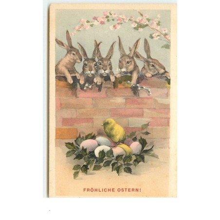 n°15097 - Fröhliche Ostern - Lièvres regardant un poussin sur des oeufs
