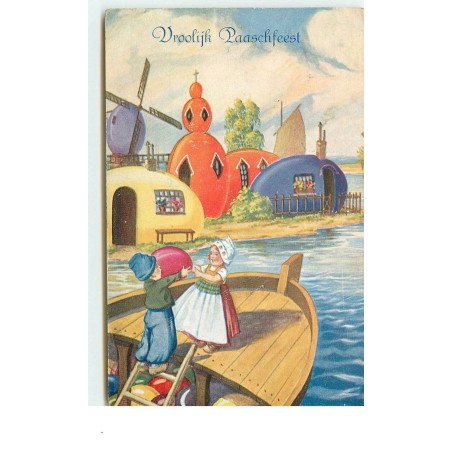 n°15099 - Vroolyk Paaschfeest - Enfants dans un bateau transportant des oeufs