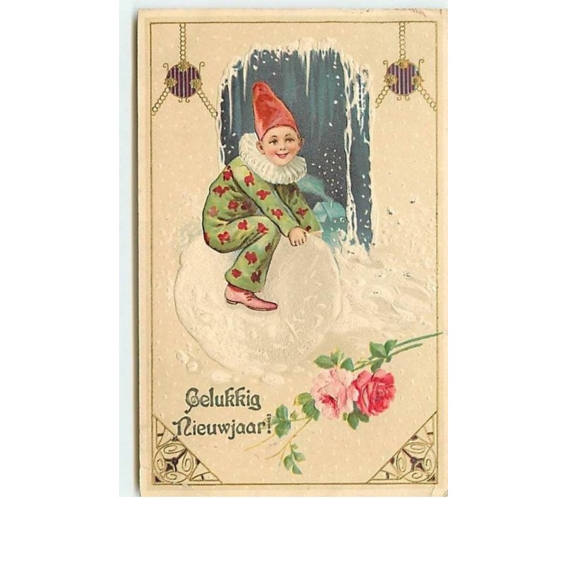 n°10498 - Carte Fantaisie Gaufrée - Gelukkig Nieuw Jaar - Pierrot sur une boule de neige