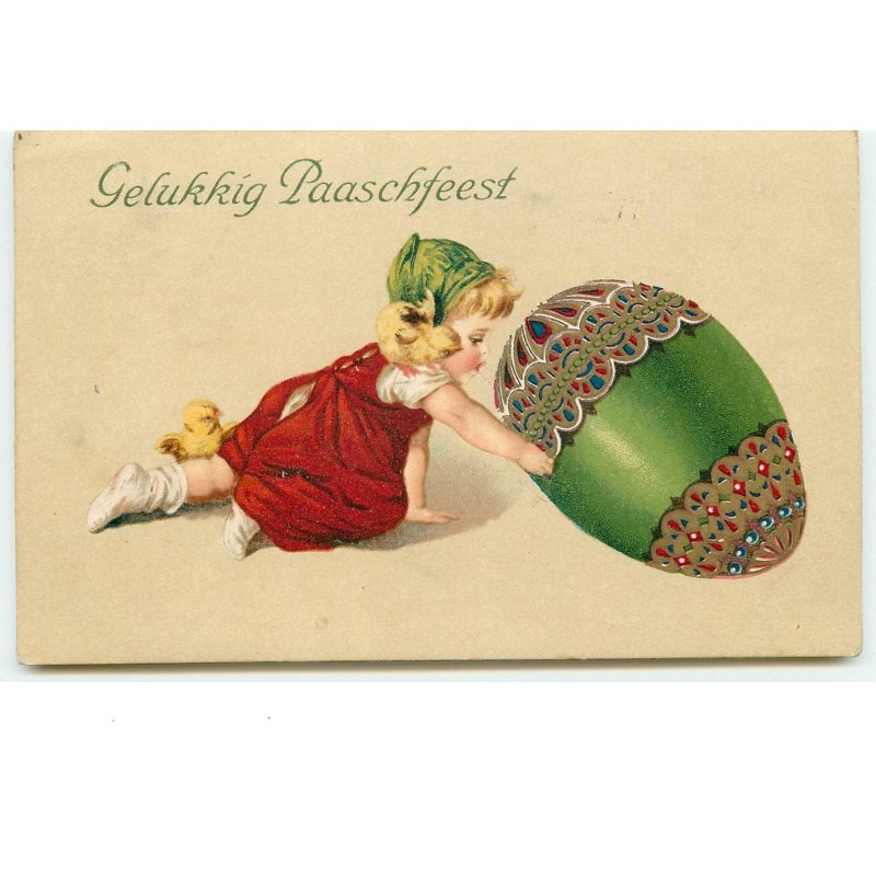 n°15100 - Gelukkig Paaschfeest - Fillette décorant un oeuf, avec un poussin