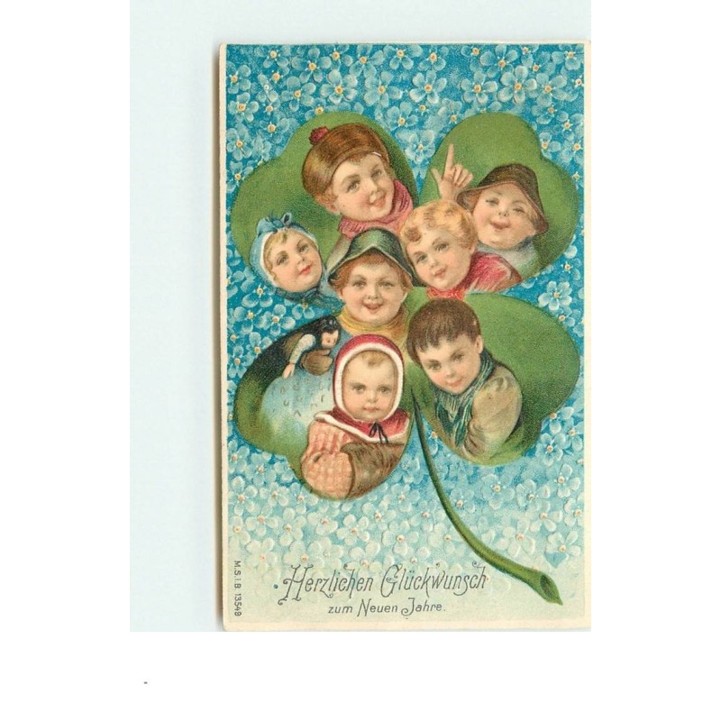 n°15121 - Carte Gaufrée - Herzlichen Glückwunsch zum Neuen Jahre - Portraits d'enfants dans un trèfle à 4 feuilles