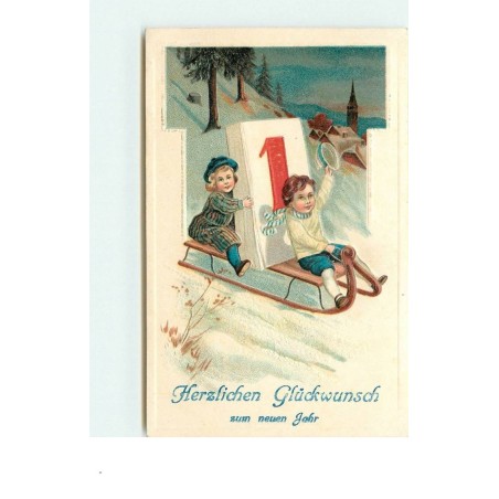 n°15123 - Carte Gaufrée - Herzlichen Glückwunsch zum neuen Jahr - Enfants sur une luge avec un éphéméride