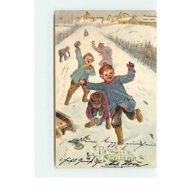 n°15124 - Carte Gaufrée - Prosit Neujahr - Enfants faisant une bataille de neige