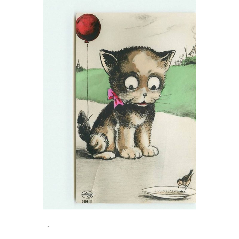 n°15140 - Chaton avec un ballon accroché à sa queue, regardant un oiseau mangeant dans son assiette - chat